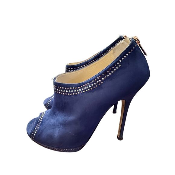 Jimmy Choo 8.5 Blue Suede Glint PeepToe Booties $995 Studded Heels Sapphire BOX - Picture 1 of 9